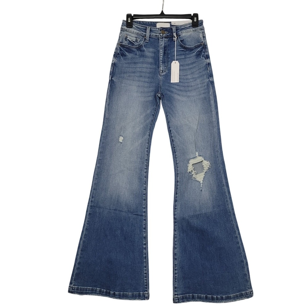 NWT Petra 153 Distressed Super High Rise Flare Jeans Sz 5/26 Blue Raw Hem‎ 70s